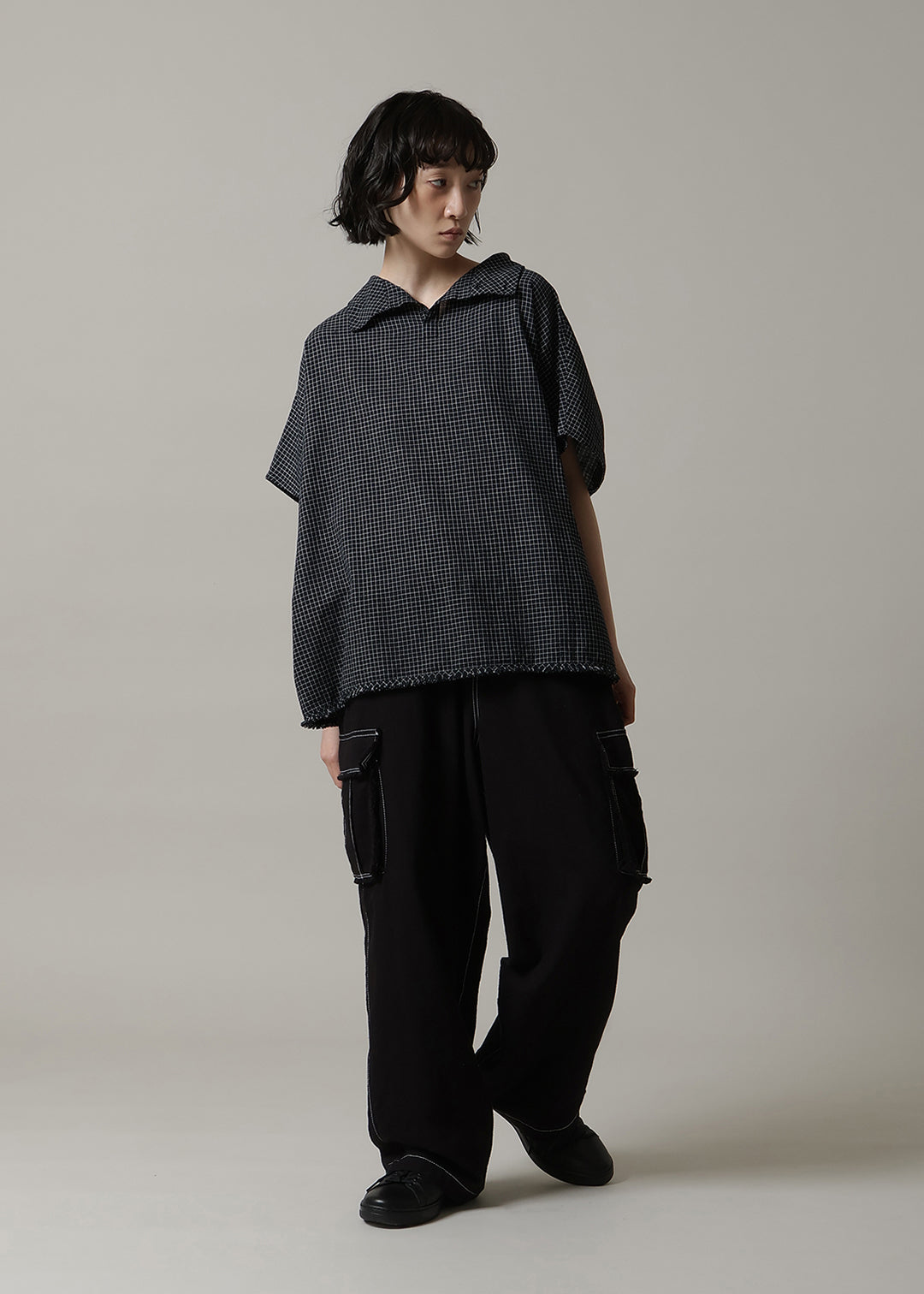 Yui High Neck Tops 56s check Khadi