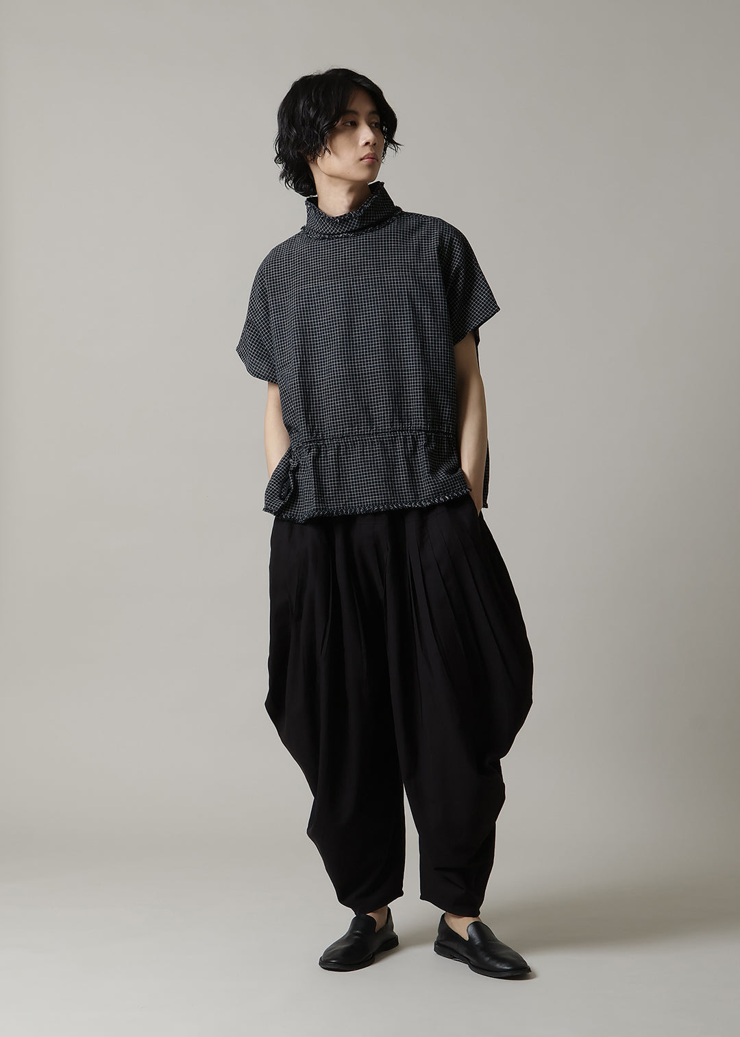 Yui High Neck Tops 56s check Khadi
