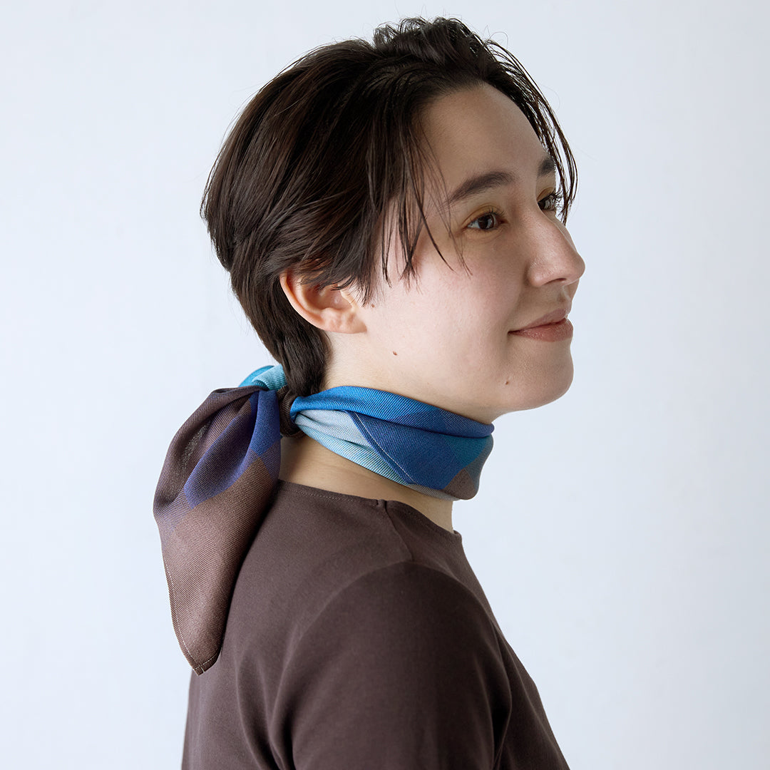 Block Check Silk Scarf with Ring