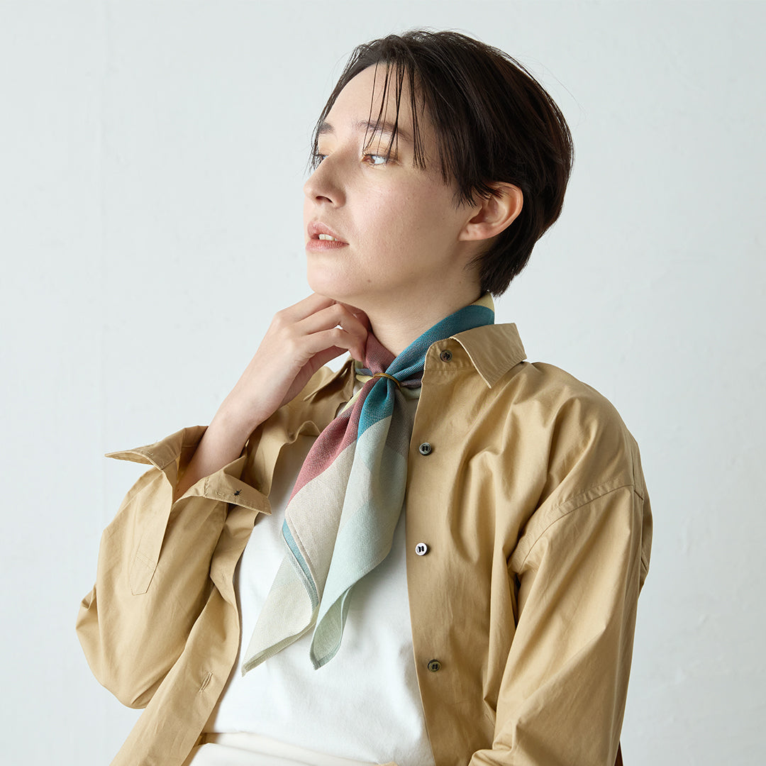 Block Check Silk Scarf with Ring